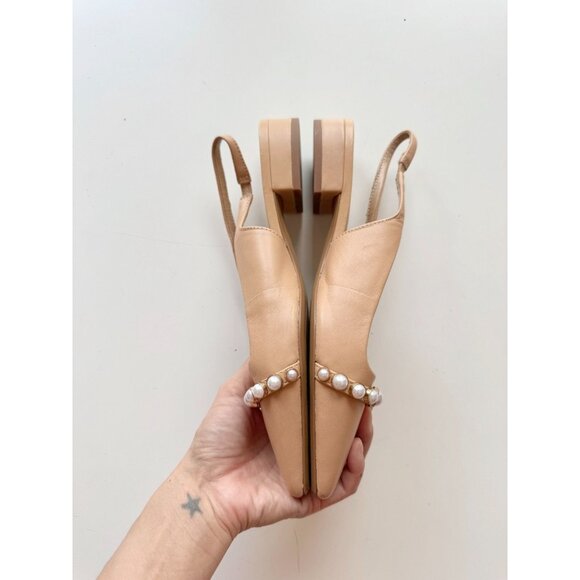 ZARA Tan Beige Leather Pearl Trim Pointed Toe Slingback Ballet Flats, Size 37 - Picture 10 of 14